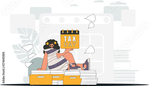 Graceful girl holds a calendal in her hand. TAX day. Graphic illustration on the theme of tax payments.