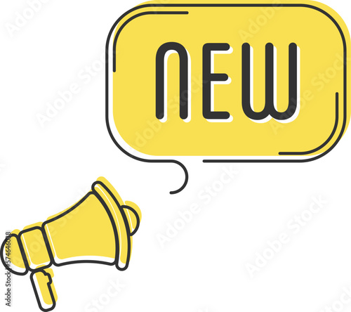Speech bubble with megaphone, message, text new. Megaphone announcement with trendy yellow color shapes.