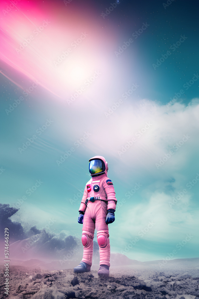 Astronaut In Pink Spacesuit Standing On An Alien Planet Pondering Next Steps, created with generative AI technology