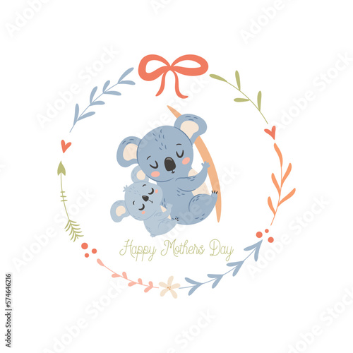 Mama Koala with baby. Happy Mothers day greeting card concept.