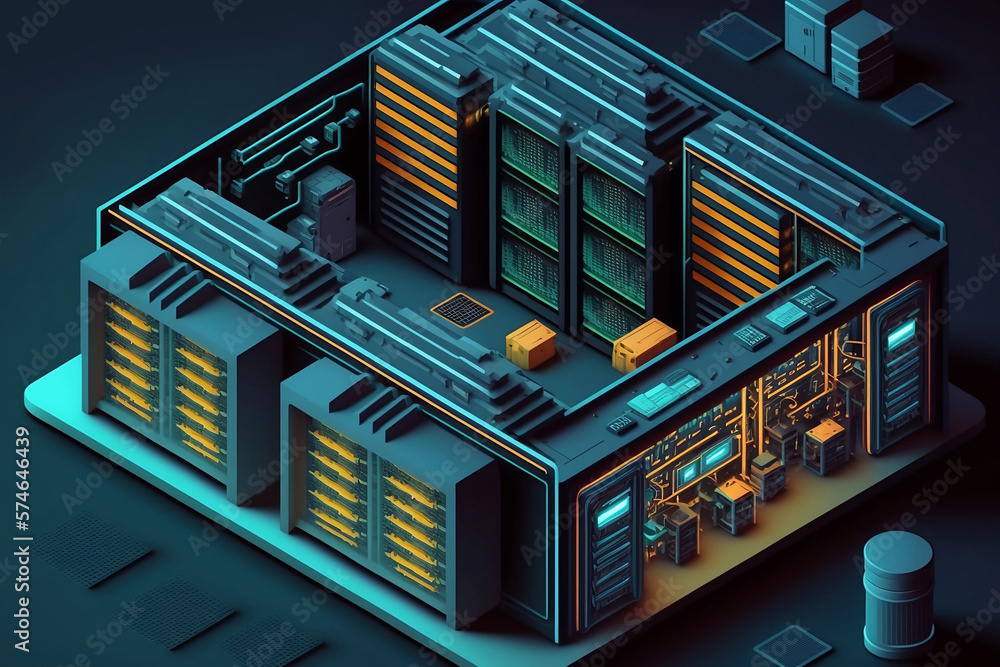Server room data center. Backup, mining, hosting, mainframe, farm. Hosting server isometric. Computer storage or farming workstation. Generative AI. Server room data center. Backup, mining, hosting, mainframe, farm. Hosting server isometric. Computer storage or farming workstation. Generative AI.