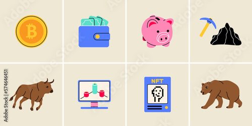 Set of crypto icons element in modern flat line style. Hand drawn vector illustration of cryptocurrency, payment, financial, coin, virtual bank cartoon design. Simple badge, emblem, logo, decoration.