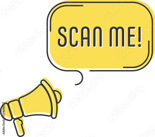 Speech bubble with megaphone, message, text scan me. Megaphone announcement with trendy yellow color shapes.