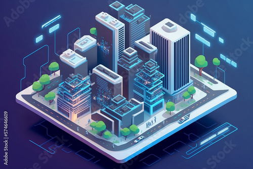 Technology connects the entire city to build a futuristic world. Big data connect with the cloud. Generative AI.