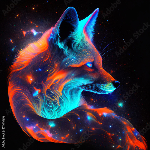 Neon glowing fox in space