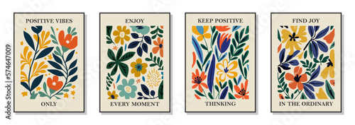 Set of 4 botanical wall art posters, brochure, flyer templates, contemporary collage. Organic shapes, line floral pattern with positive motivational, inspirational quotes. photo