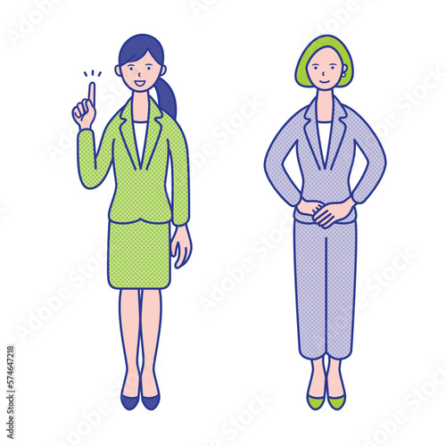 スーツを着た20代〜40代女性の全身イラスト素材　指差しポーズ　お手前ポーズ【セット】