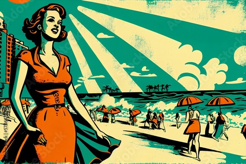 Wallpaper Mural Beach and Vacation Scene From the 1950s/1960s in Teal and Orange Retro Style – Generative AI Torontodigital.ca