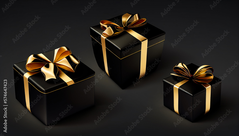 black gift boxes with golden ribbon and bow. Birthday celebration concept. Merry New Year and Merry Christmas black gift boxes with golden bows. illustration Generative AI black gift boxes with golden ribbon and bow. Birthday celebration concept. Merry New Year and Merry Christmas black gift boxes with golden bows. illustration Generative AI