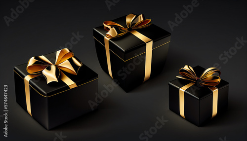 black gift boxes with golden ribbon and bow. Birthday celebration concept. Merry New Year and Merry Christmas black gift boxes with golden bows. illustration Generative AI