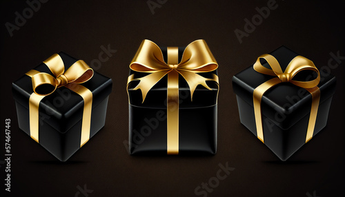 black gift boxes with golden ribbon and bow. Birthday celebration concept. Merry New Year and Merry Christmas black gift boxes with golden bows. illustration Generative AI