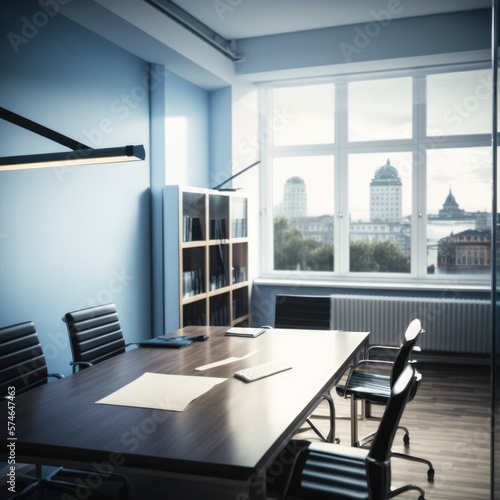 Interior of meeting room with window, table and chairs, created using generative ai technology