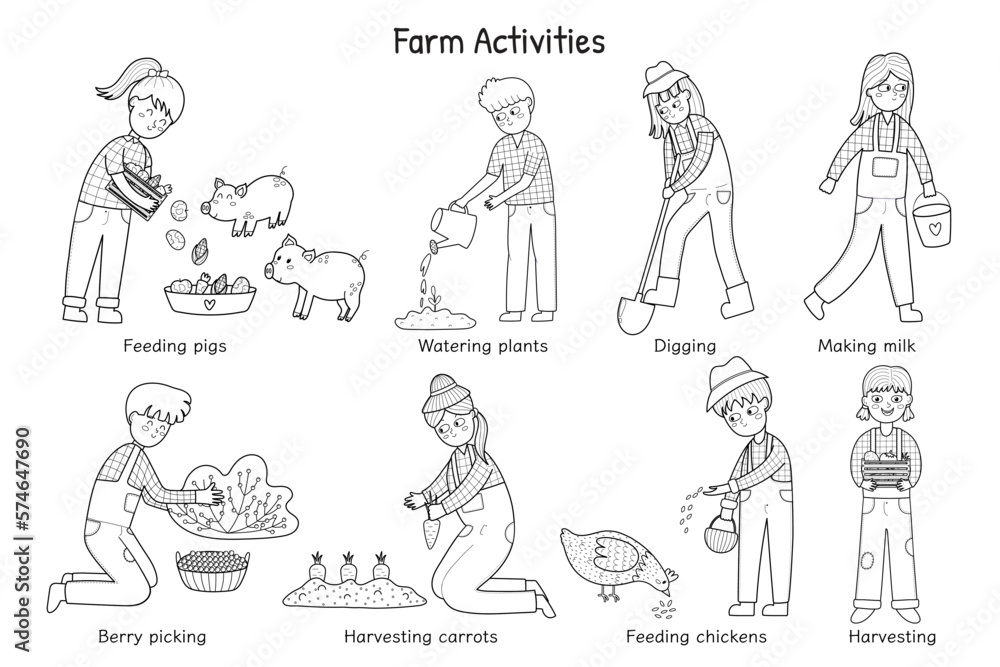 Farm activities set in black and white with cute kids farmers. Cute characters doing gardening and agricultural work. Great for coloring book. On the farm outline collection. Vector illustration