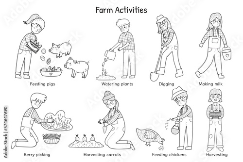Farm activities set in black and white with cute kids farmers. Cute characters doing gardening and agricultural work. Great for coloring book. On the farm outline collection. Vector illustration © juliyas