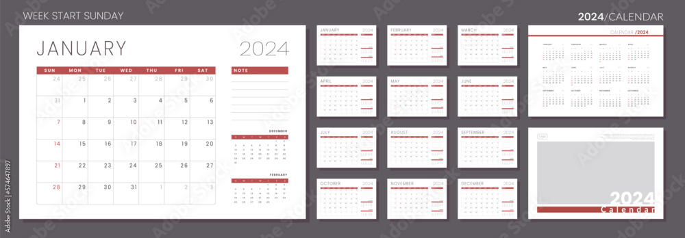2024 Calendar Planner Template. Vector layout of a wall or desk simple calendar with week start sunday. Set of monthly, annual and cover page calendar. Minimalist corporate calendar design for print. 2024 Calendar Planner Template. Vector layout of a wall or desk simple calendar with week start sunday. Set of monthly, annual and cover page calendar. Minimalist corporate calendar design for print.