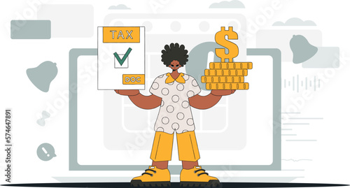 A cultured man is holding a tax form and coins in his hands. An illustration demonstrating the correct payment of taxes.