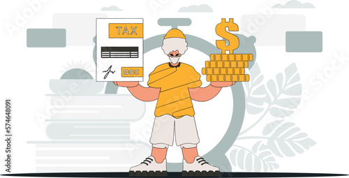 An elegant man holds a tax form and coins in his hands. An illustration demonstrating the correct payment of taxes.