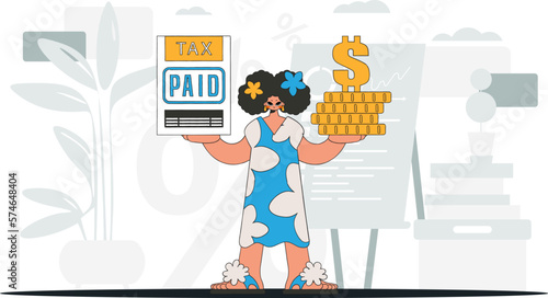 An elegant girl holds a tax form and coins in her hands. An illustration demonstrating the importance of paying taxes for economic development.