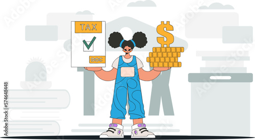 An elegant girl holds a tax form and coins in her hands. An illustration demonstrating the correct payment of taxes.