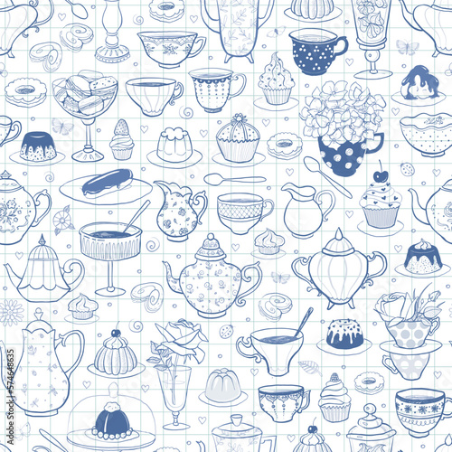 Seamless pattern with tea party in English style on lined paper background. Tea cups, teapots, bakery, flowers.