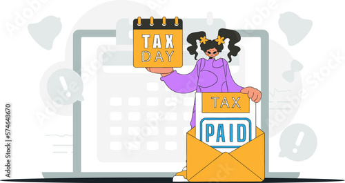 Gorgeous girl holds a calendal in her hand. TAX day. Graphic illustration on the theme of tax payments.