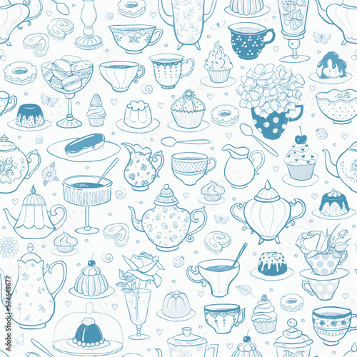 Seamless pattern with tea party in English style. Tea cups, teapots, bakery, flowers in blue color. Can be used for wallpaper, pattern fills, textile, web page background, surface textures.