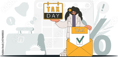 Trendy girl holds a calendar in her hand. TAX day. Graphic illustration on the theme of tax payments.