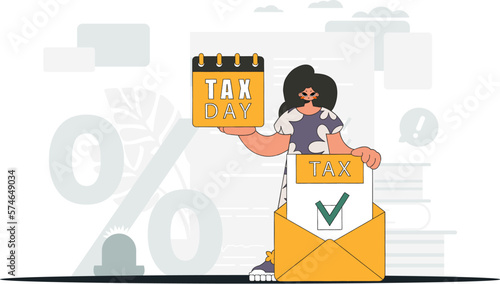 A well-dressed girl holds a calendar in her hand. TAX day. Graphic illustration on the theme of tax payments.