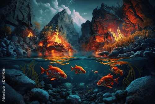 background set in 10,000 BC with a volcanic landscape, active and dormant volcanoes in searing lava. Molten lava and ash spew create a lava-stone environment, with creatures living beneath the surface