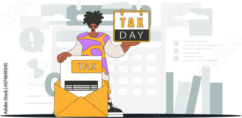 A cultured man holds a calendal in his hand. TAX day. Graphic illustration on the theme of tax payments.