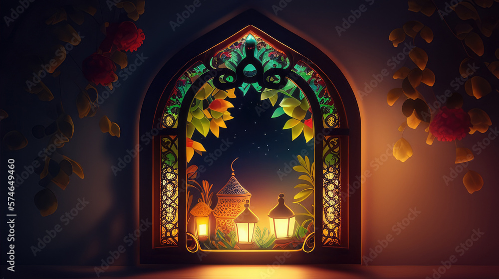 Mystical window with crescent moon in night sky. generative Ai