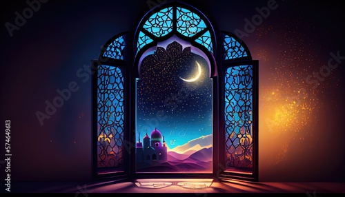 Mystical window with crescent moon in night sky. generative Ai © gusion