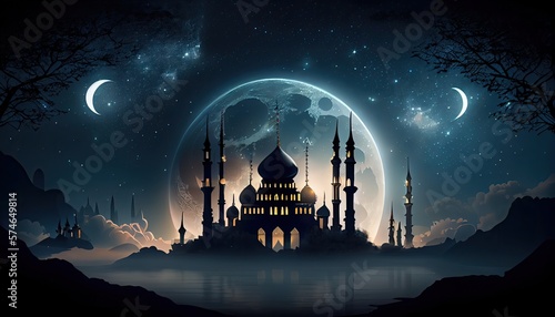 Ramadan Kareem background with mosque and moon. generative Ai