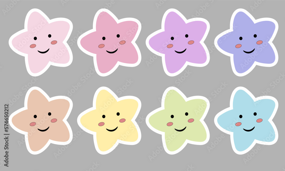 kawaii Cute stars Pastel with smile Faces cartoon on gray Background for kids. illustration Vector. cute star cartoon stickers vector set.