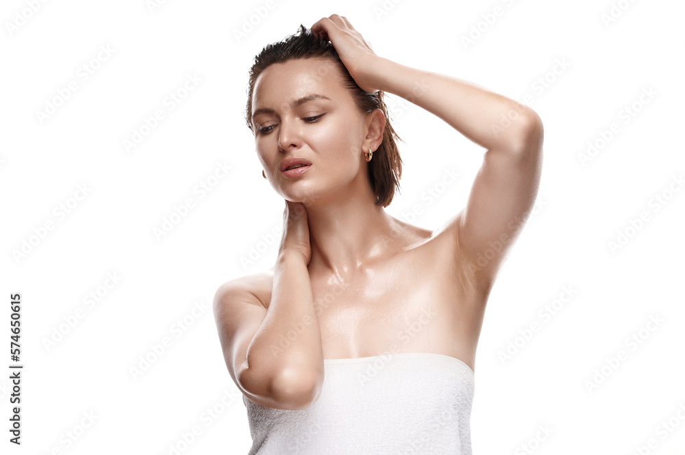 Beautiful headshot of white woman with wet clean fresh natural skin and hair posing isolated on white isolated background. Skincare concept Beautiful headshot of white woman with wet clean fresh natural skin and hair posing isolated on white isolated background. Skincare concept