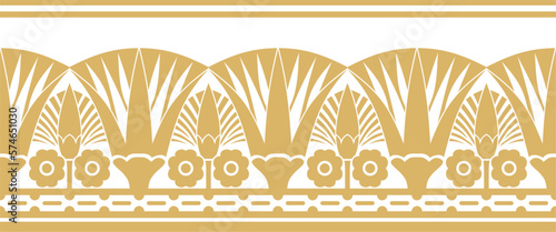 Vector golden seamless Egyptian border. Endless ornament of Ancient Africa. Pattern of lotus flowers and sun..