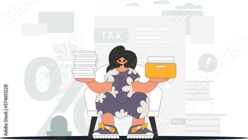 A cultured woman is holding a stack of documents in her hands. An illustration demonstrating the importance of paying taxes for economic development.