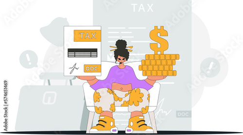 Fashionable woman holding a tax form and coins in her hands. An illustration demonstrating the correct payment of taxes.