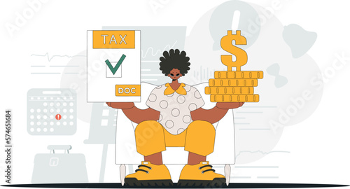 A graceful man holds a tax form and coins in his hands. An illustration demonstrating the correct payment of taxes.
