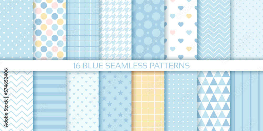 Scrapbook seamless background. Blue baby shower patterns. Set cute prints with polka dots, stripes, zigzag, plaid. Retro pastel texture. Geometric childish wrapping backdrop. Color vector illustration