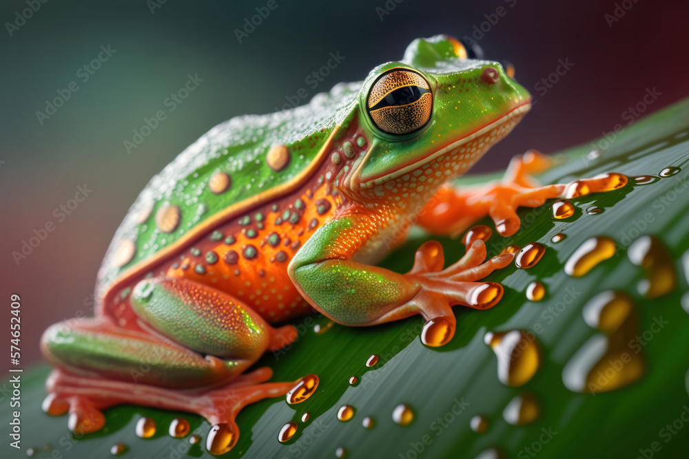 Tree frog on green leaf with drops of water. Macro. Generative AI. Tree frog on green leaf with drops of water. Macro. Generative AI.