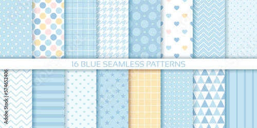 Scrapbook seamless background. Blue baby shower patterns. Set cute prints with polka dots, stripes, zigzag, plaid. Retro pastel texture. Geometric childish wrapping backdrop. Color vector illustration