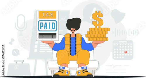 A trendy man is holding a tax form and coins in his hands. An illustration demonstrating the correct payment of taxes.