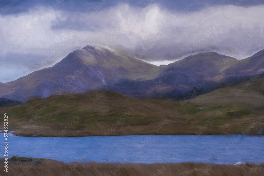 Digital painting of Moel Hebog Mountain. Snowdonia National Park in North Wales, UK from Llyn Dywarchen Digital painting of Moel Hebog Mountain. Snowdonia National Park in North Wales, UK from Llyn Dywarchen