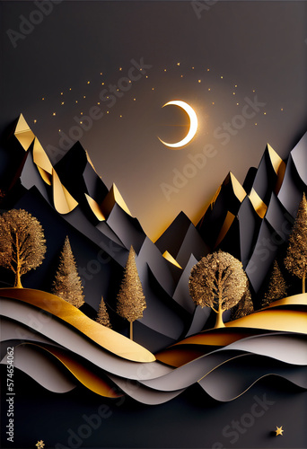 Beautiful art landscape with dark mountains and golden trees and moon. Generative AI illustration