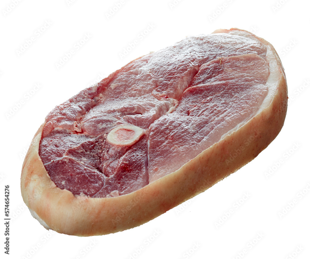 Obraz premium Large piece of fresh raw meat, a slice with a brain bones, isolated on a white background.