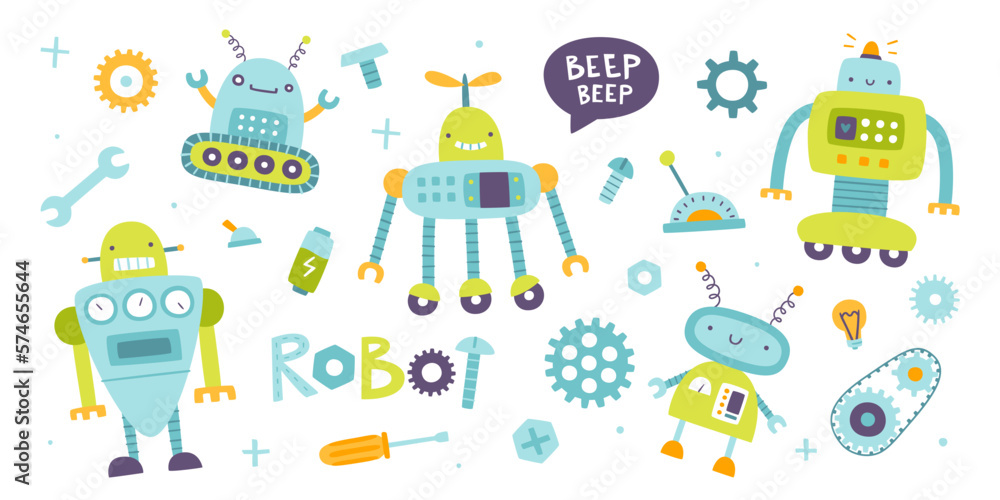 Cute robots set for kids. Cartoon funny robotic collection for baby boys. Funny cyborgs sticker bundle. Cute robots set for kids. Cartoon funny robotic collection for baby boys. Funny cyborgs sticker bundle.