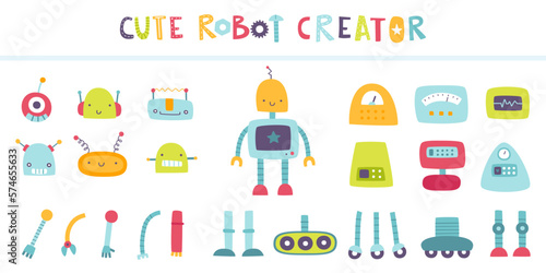 Cute robot constructor for kids. Custom cartoon character creator from parts. Vector set of robot elements.
