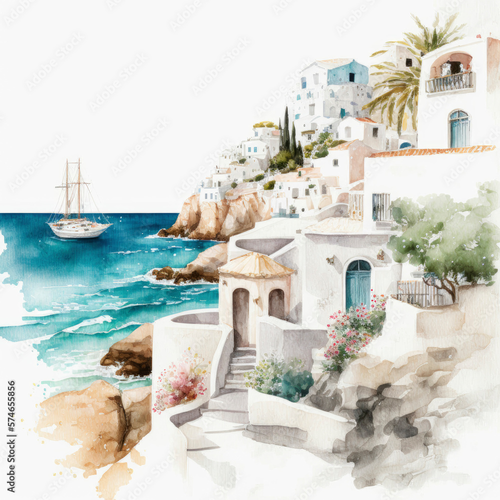 Watercolor illustration of typical Greece scenic island view with a small harbor and fishing boats , traditional white and blue houses ,made with Generative AI
