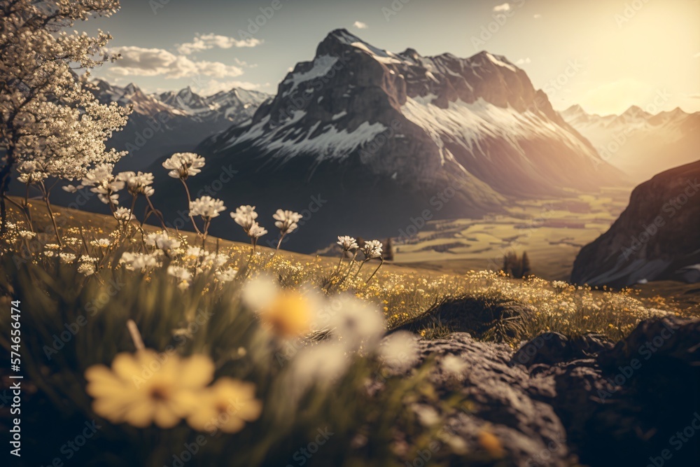 Idyllic mountain landscape with blooming meadows. Generative ai.